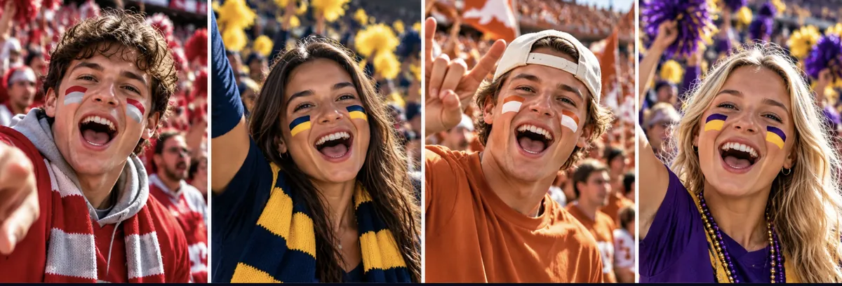 Four college fans side by side in team colors, wearing FANBRUSH face paint