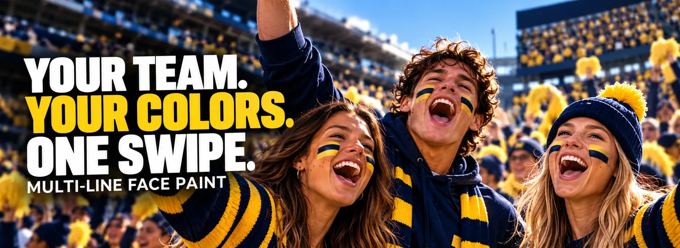 College fans in blue and gold cheering in a stadium, wearing FANBRUSH face paint
